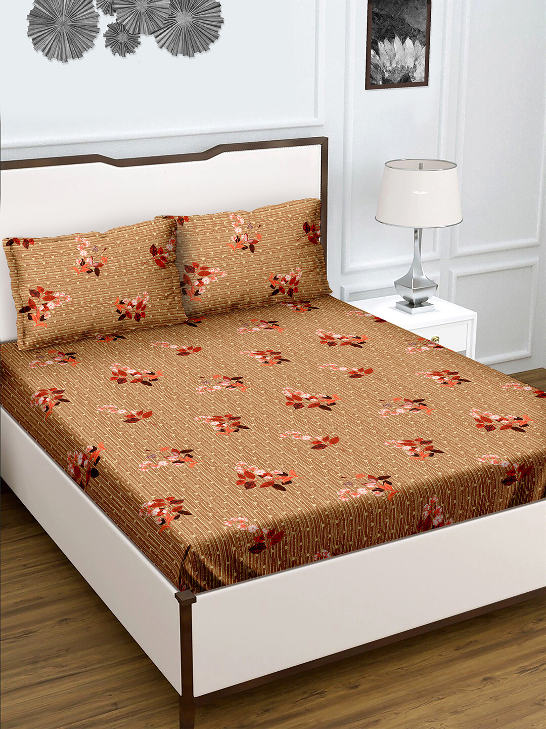 

BELLA CASA Radiant Brown & Red Floral 150 TC Flat Cotton King Bedsheet & 2 Pillow Covers