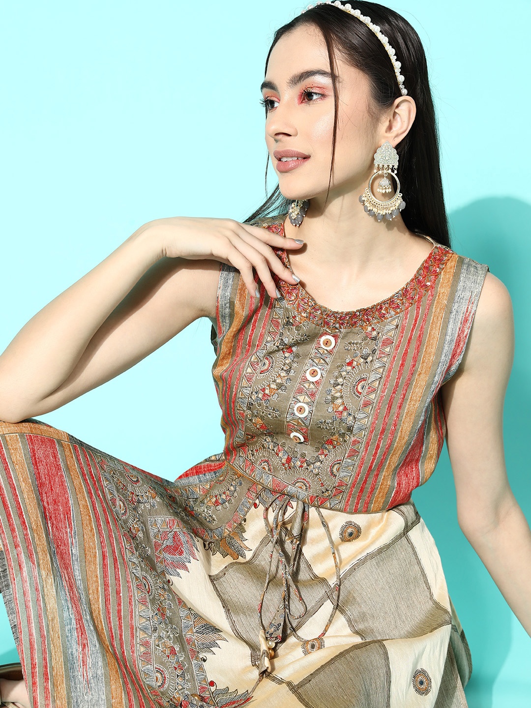 

ZOLA Ethnic Motifs Printed Chanderi Silk Kurta with Trousers, Olive