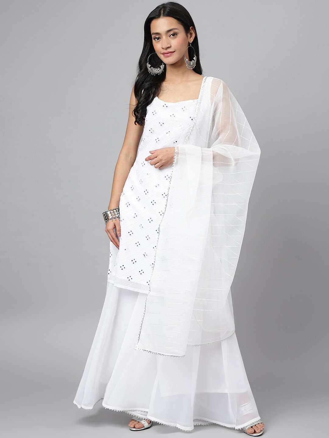 

RATAN Ethnic Motifs Embroidered Mirror Work Georgette Kurta with Sharara & Dupatta, White