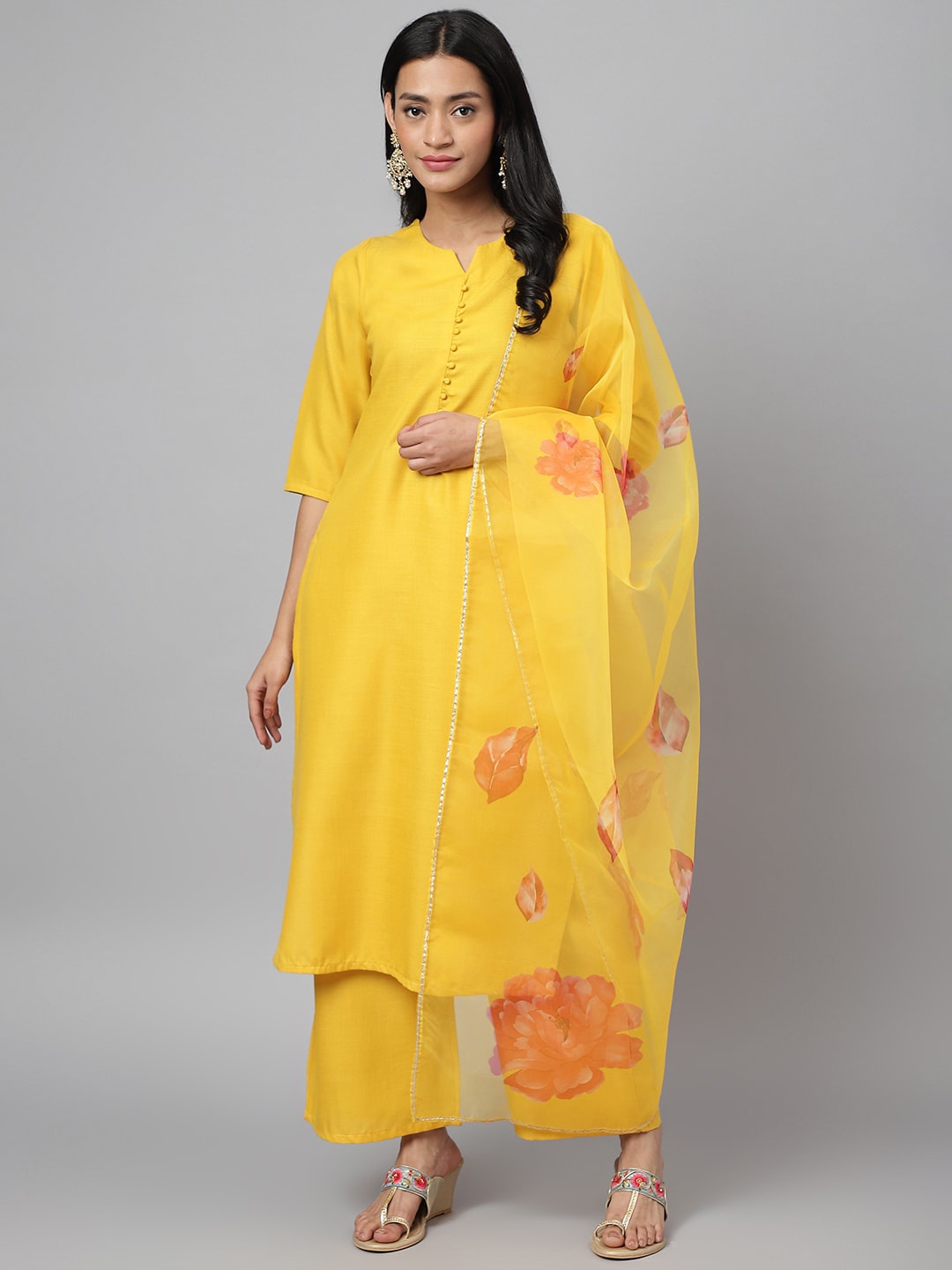 

RATAN Notch Neck Straight Kurti With Palazzos & Dupatta, Yellow