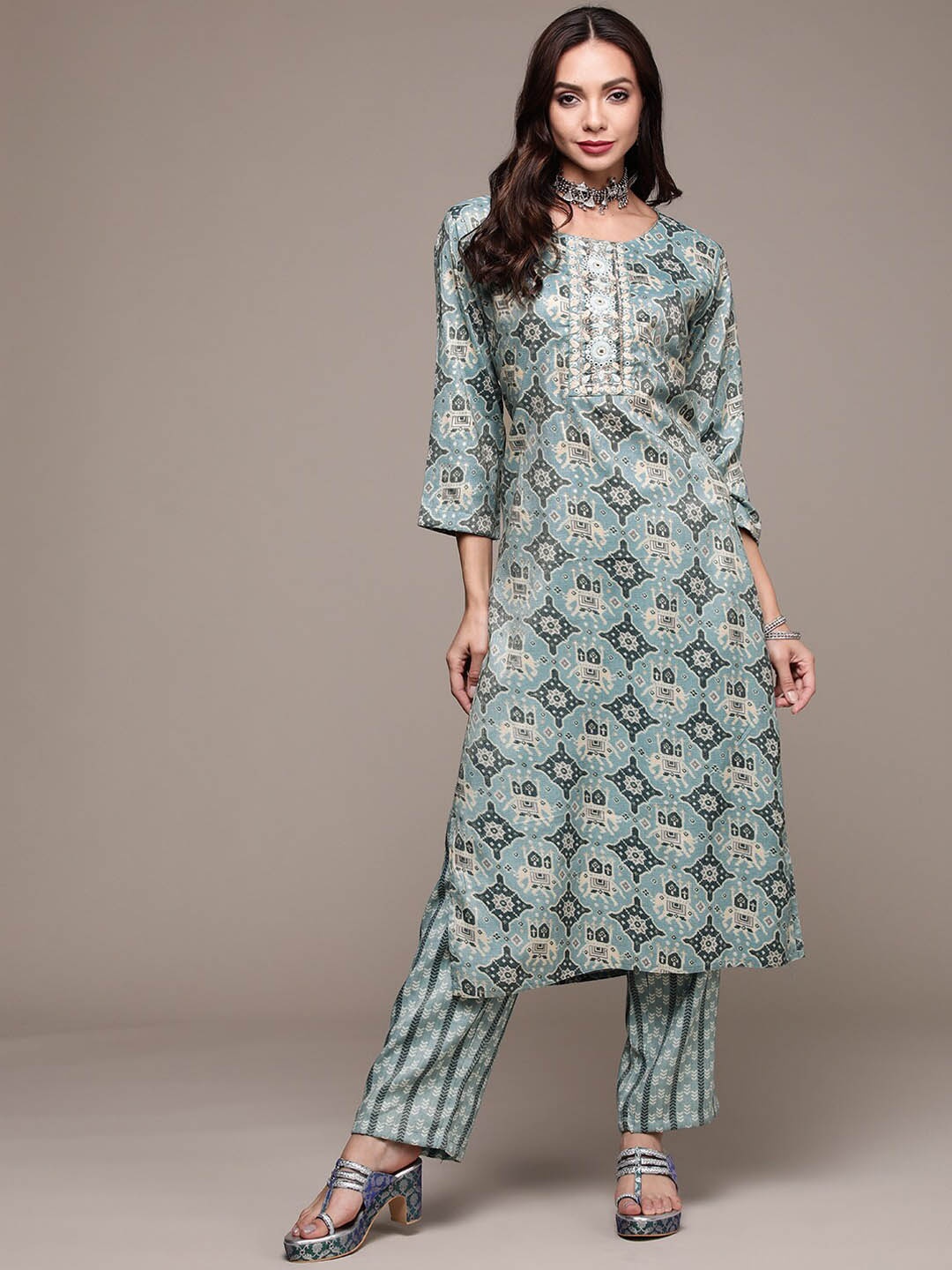 

Anubhutee Ethnic Motifs Printed Mirror Work Kurta with Trousers, Blue