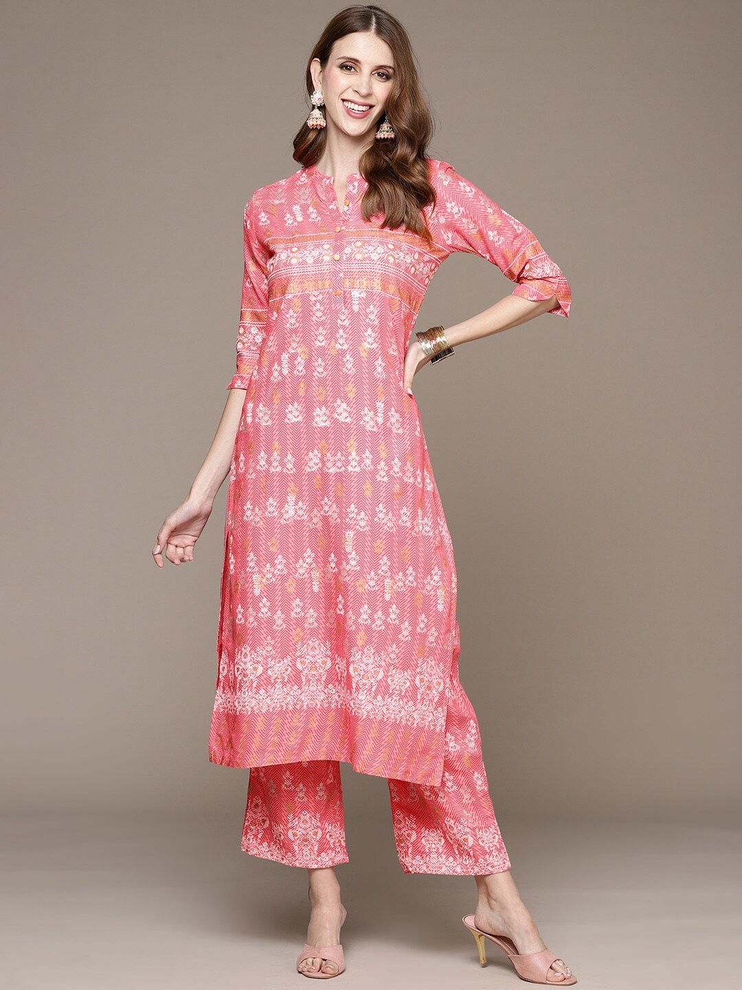 

Anubhutee Ethnic Motifs Printed Pure Cotton Kurta with Trousers, Peach