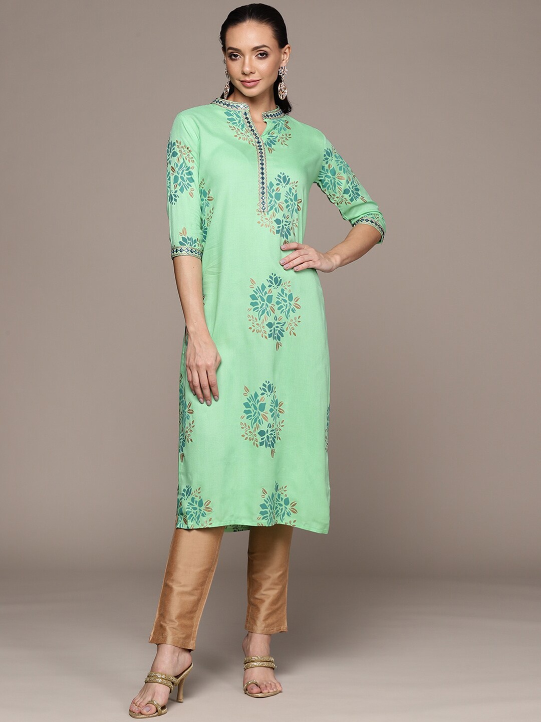 

Anubhutee Floral Printed Mirror Work Band Collar Kurta, Sea green