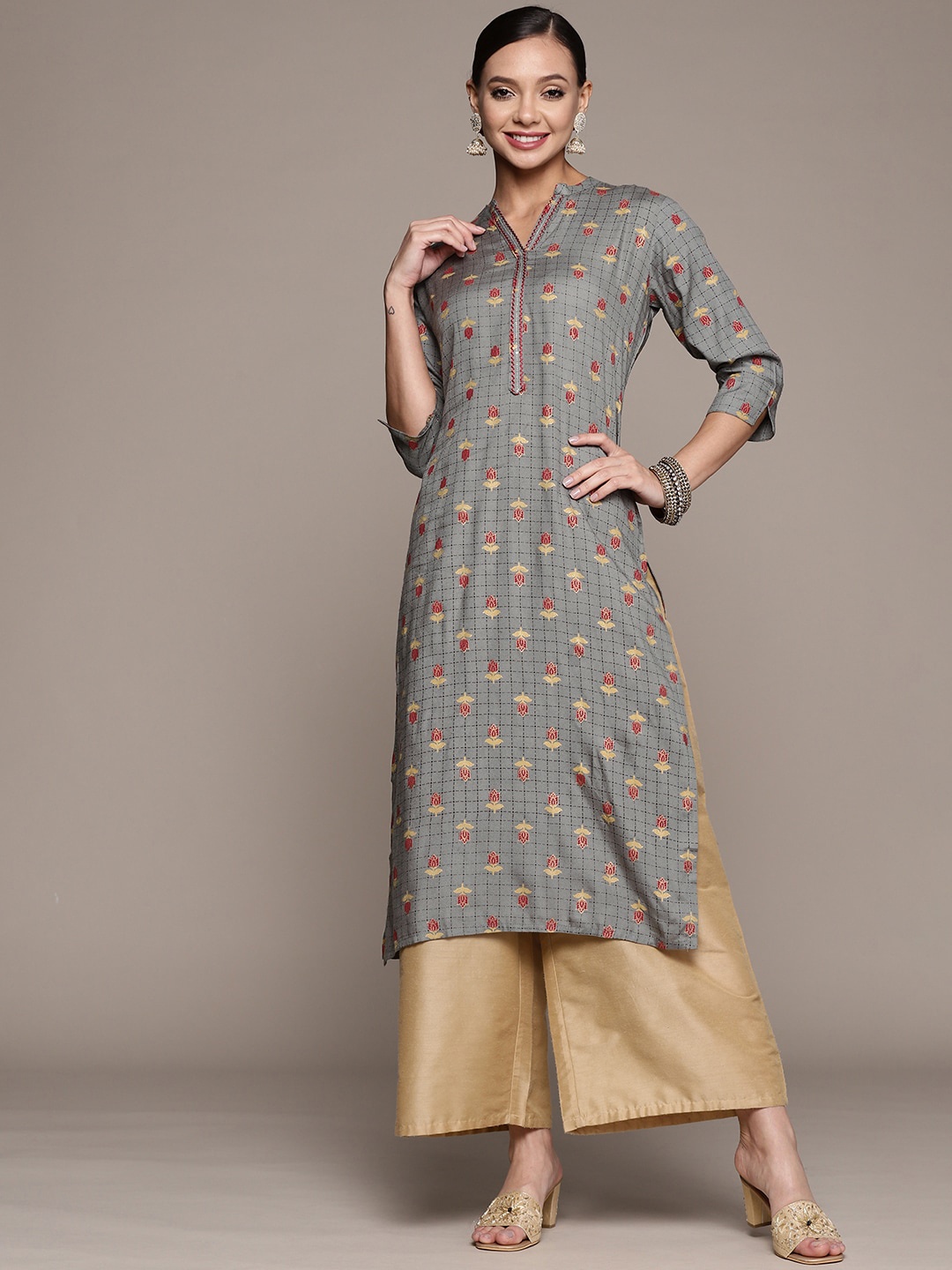 

Anubhutee Band Collar Floral Screen Printed Floral Kurta, Grey