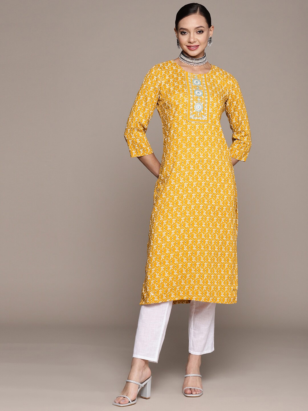

Anubhutee Ethnic Motifs Printed Thread Work Kurta, Mustard