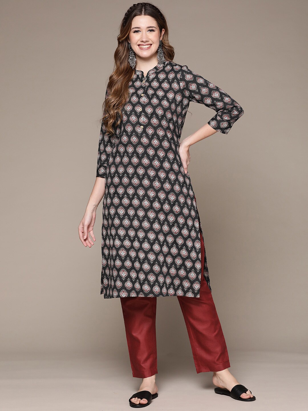 

Anubhutee Ethnic Motifs Printed Pure Cotton Kurta With Trousers, Black