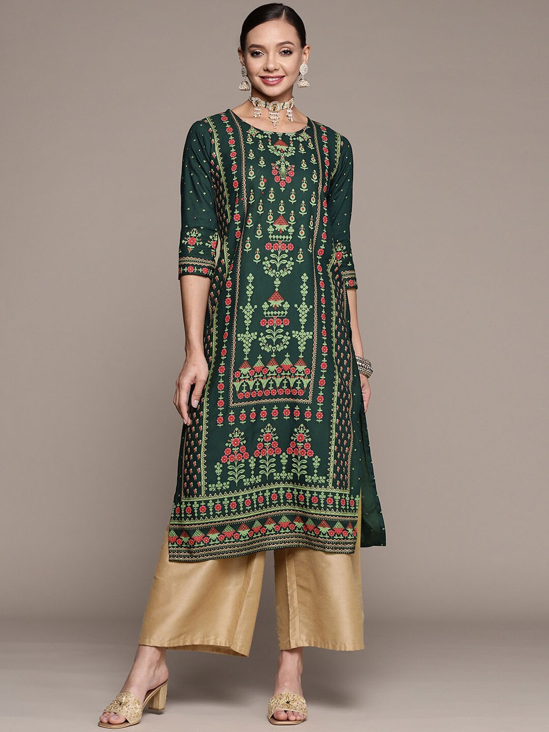 

Anubhutee Ethnic Motifs Printed Round Neck Kurta, Green