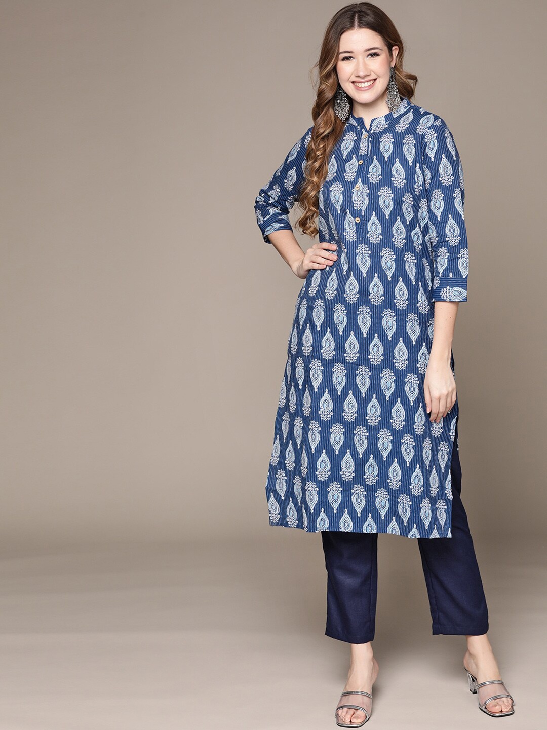 

Anubhutee Ethnic Motifs Printed Thread Work Pure Cotton Kurta with Trousers, Blue