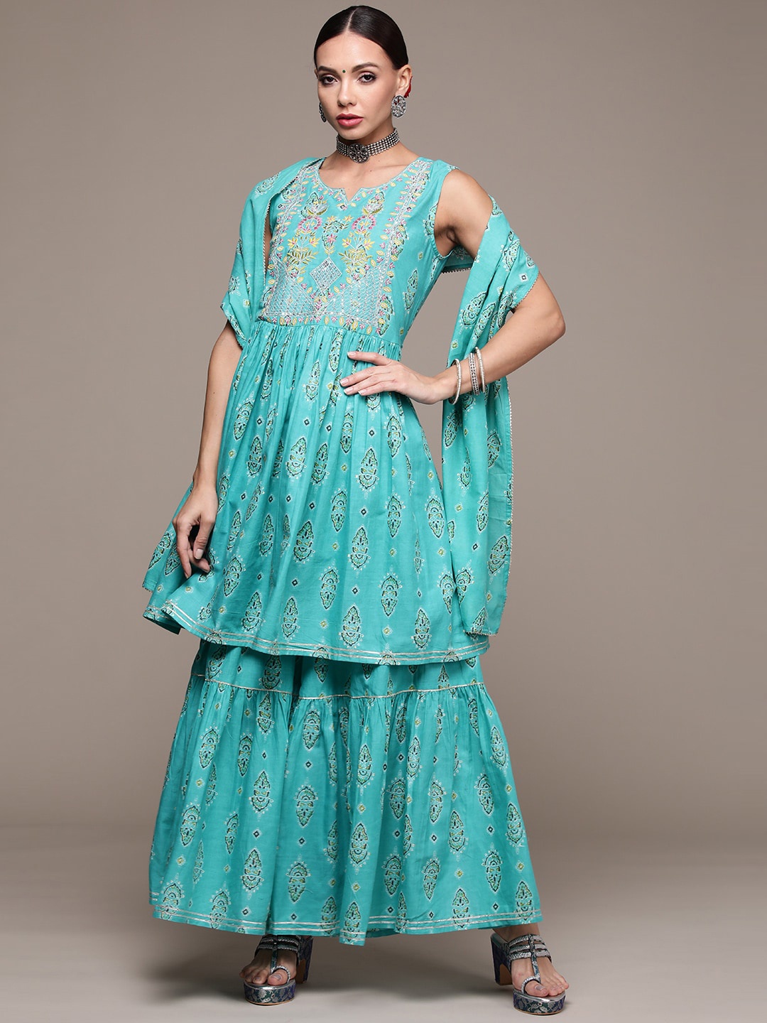 

Anubhutee Ethnic Motifs Embroidered Sequinned Pure Cotton Kurta with Sharara & Dupatta, Turquoise blue