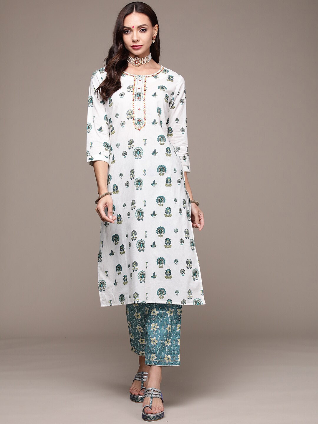 

Anubhutee Floral Printed Thread Work Straight Pure Cotton Kurta with Trousers, White