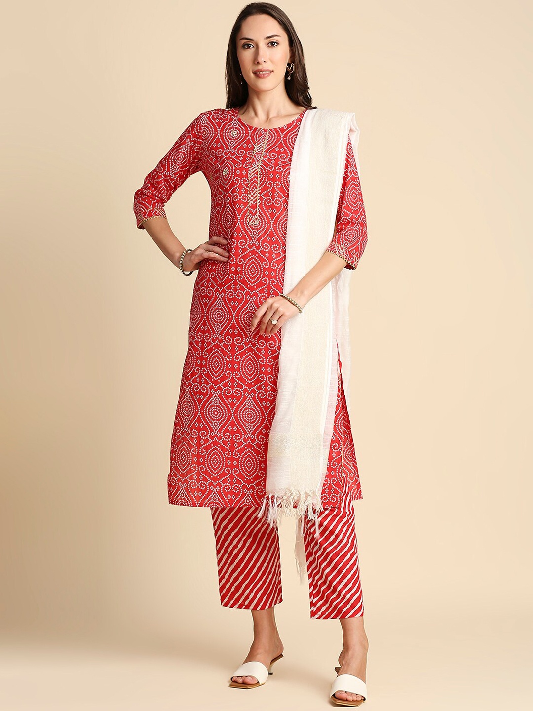 

Anubhutee Bandhani Printed Sequined Pure Cotton Kurta with Trousers & Dupatta, Red