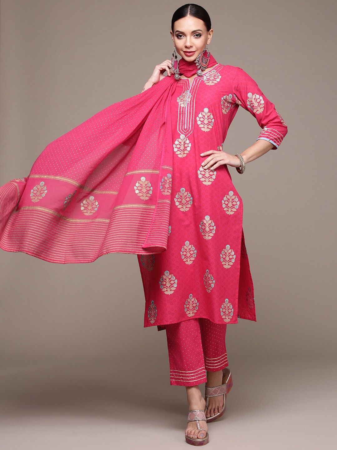 

Anubhutee Floral Printed Gotta patti ure Cotton Kurta with Trousers & Dupatta, Pink