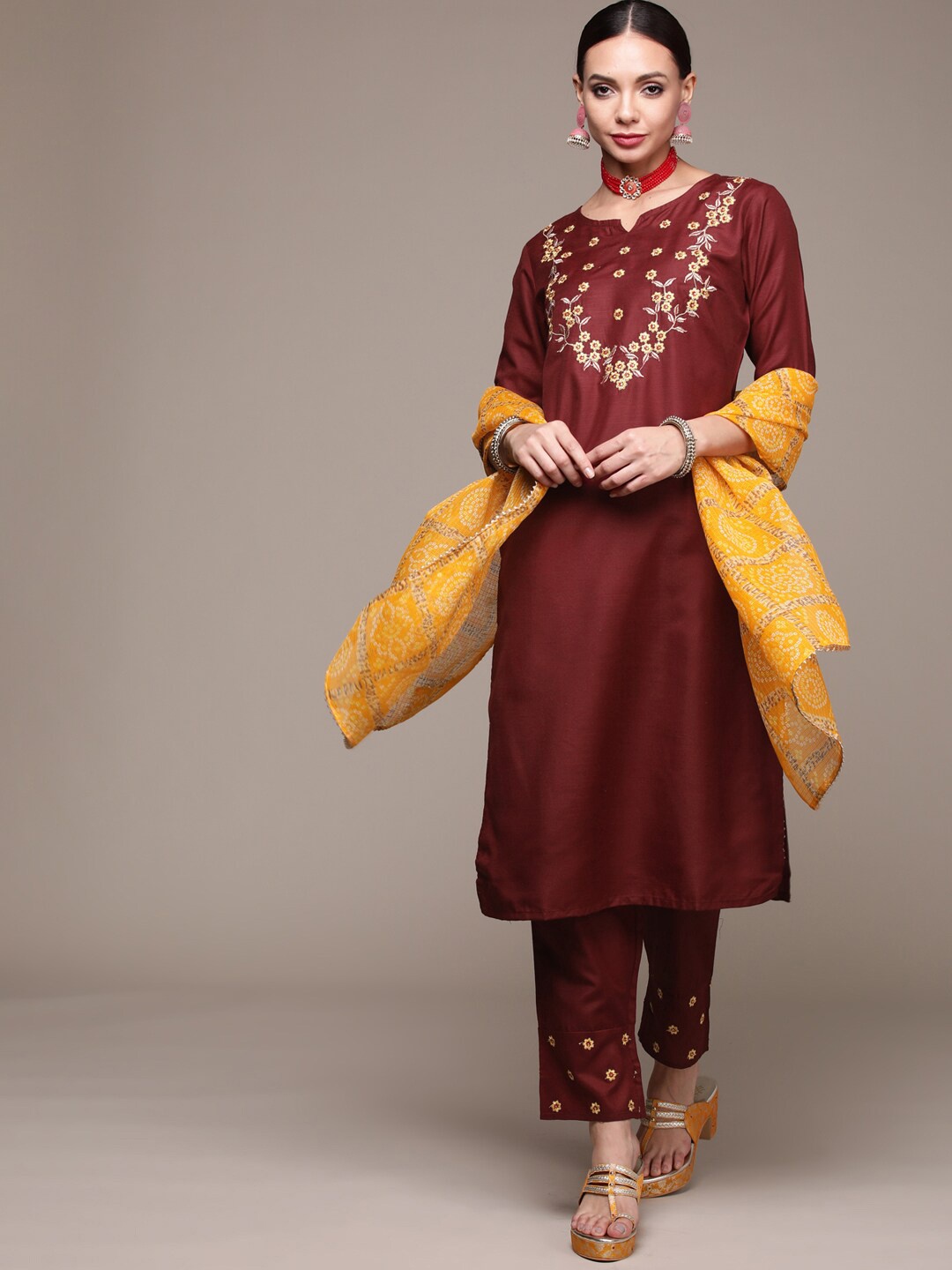 

Anubhutee Floral Embroidered Pure Cotton Kurta with Trousers & Dupatta, Maroon