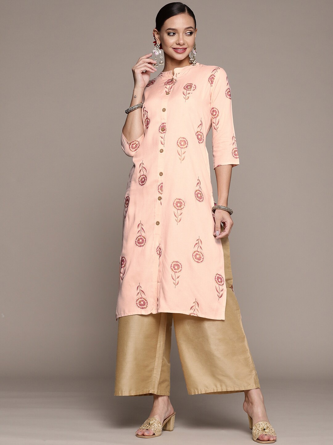 

Anubhutee Band Collar Floral Printed Straight Kurta, Peach