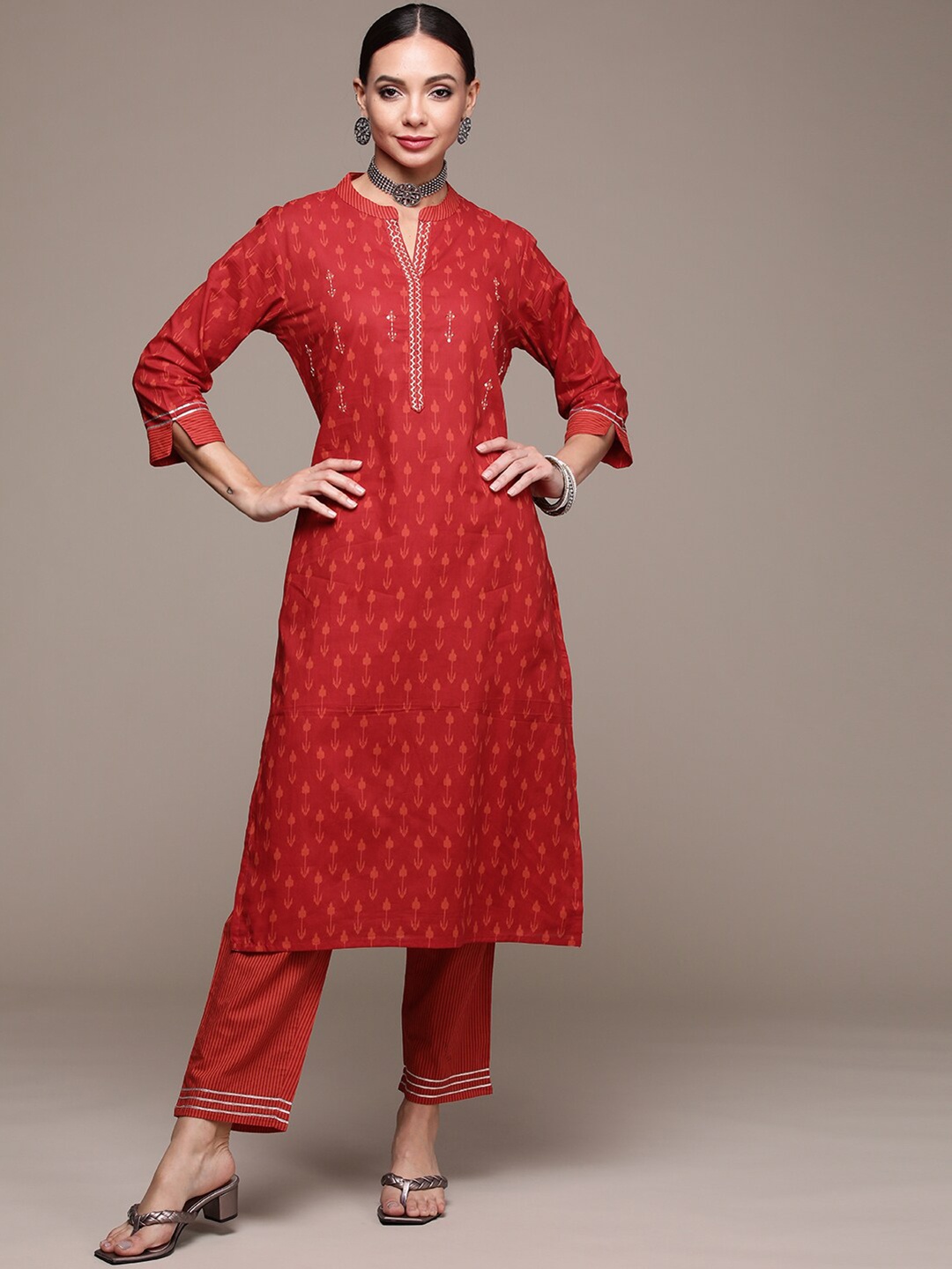 

Anubhutee Ethnic Motifs Printed Sequined Thread Work Pure Cotton Kurta with Trousers, Red