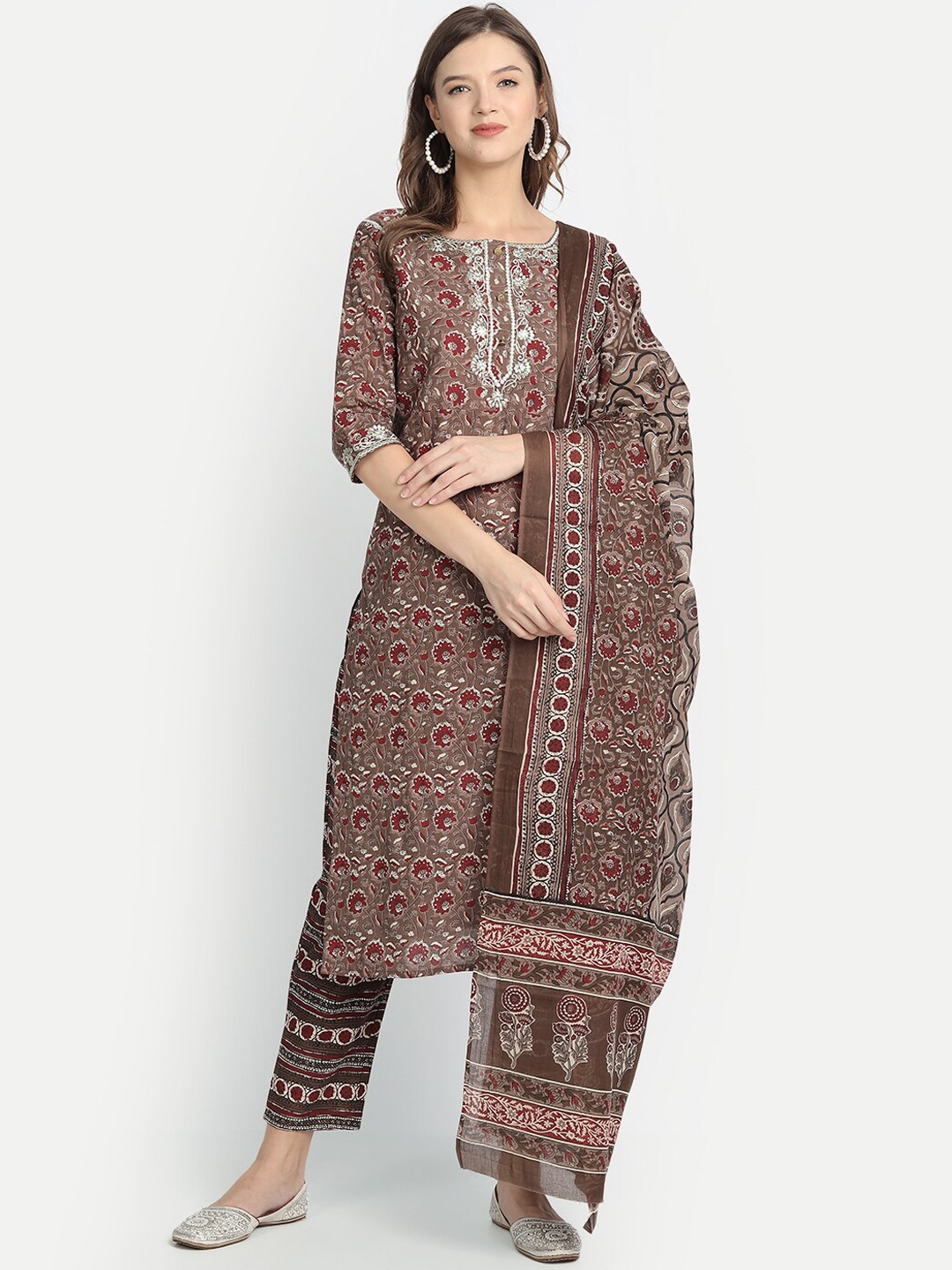 

Anubhutee Floral Printed Zari Detail Pure Cotton Kurta with Trousers & Dupatta, Brown