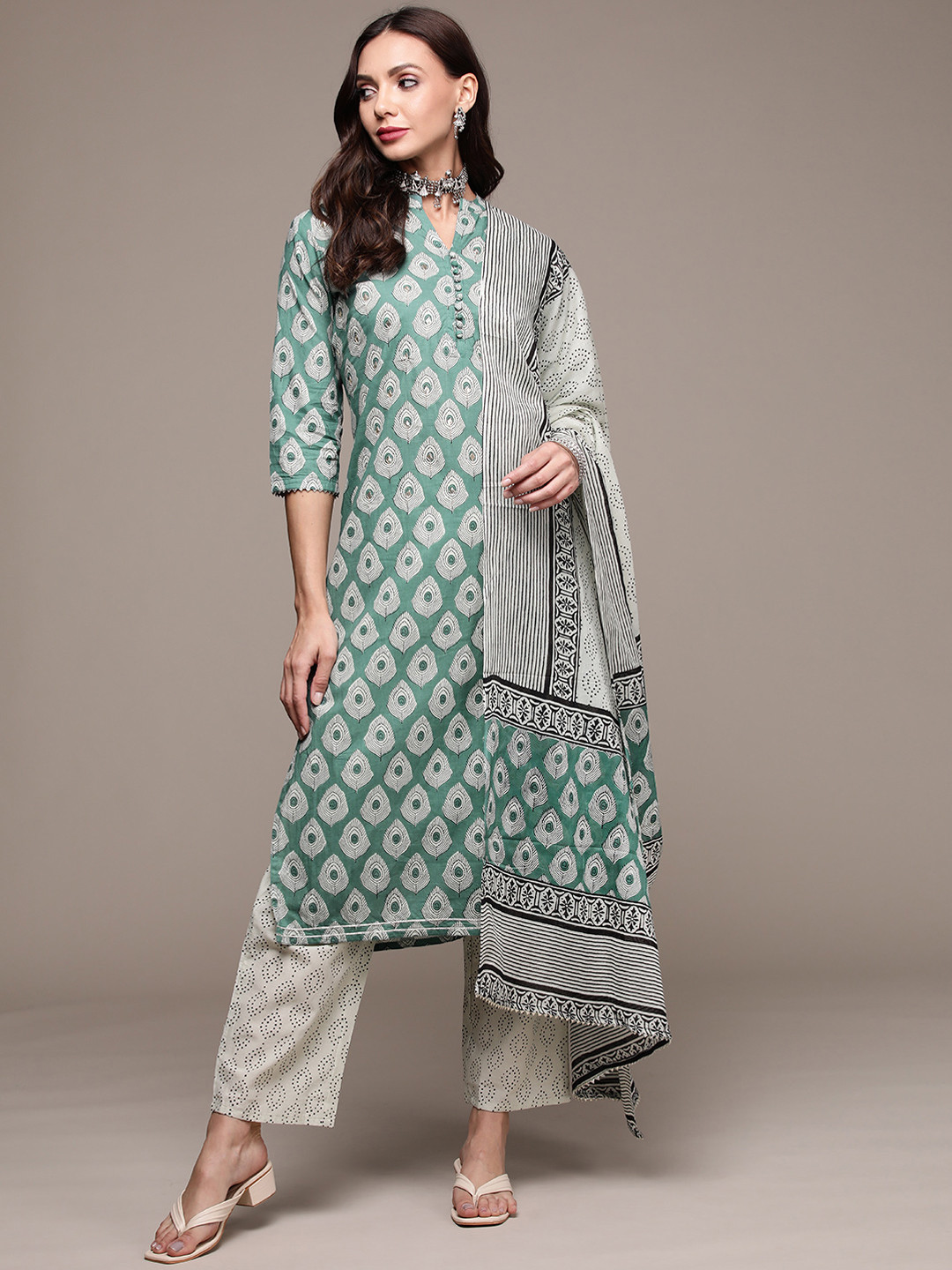

Anubhutee Printed Mirror Work Pure Cotton Kurta with Trousers & Dupatta, Green