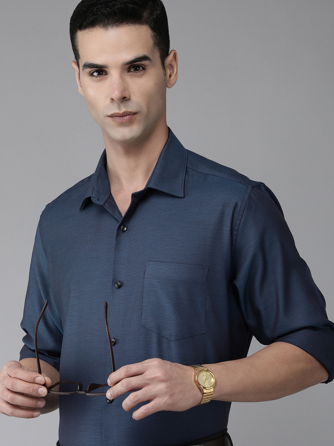 

Van Heusen Pure Cotton Self Designed Textured Custom Formal Shirt, Blue