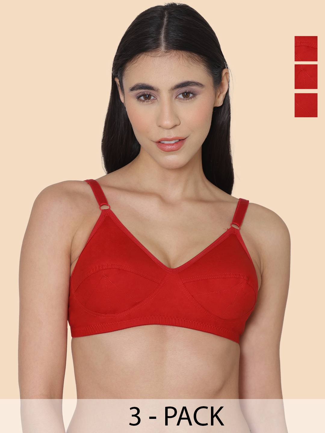 

KOMLI Pack of 3 Women Minimiser Super Non Padded Cotton Bra, Red