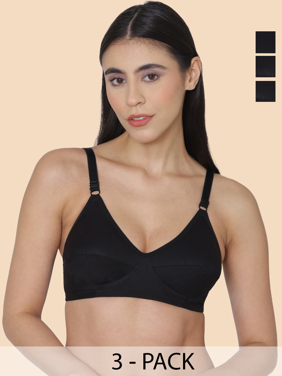 

KOMLI Pack of 3 Women Minimiser Super Non Padded Cotton Bra, Black
