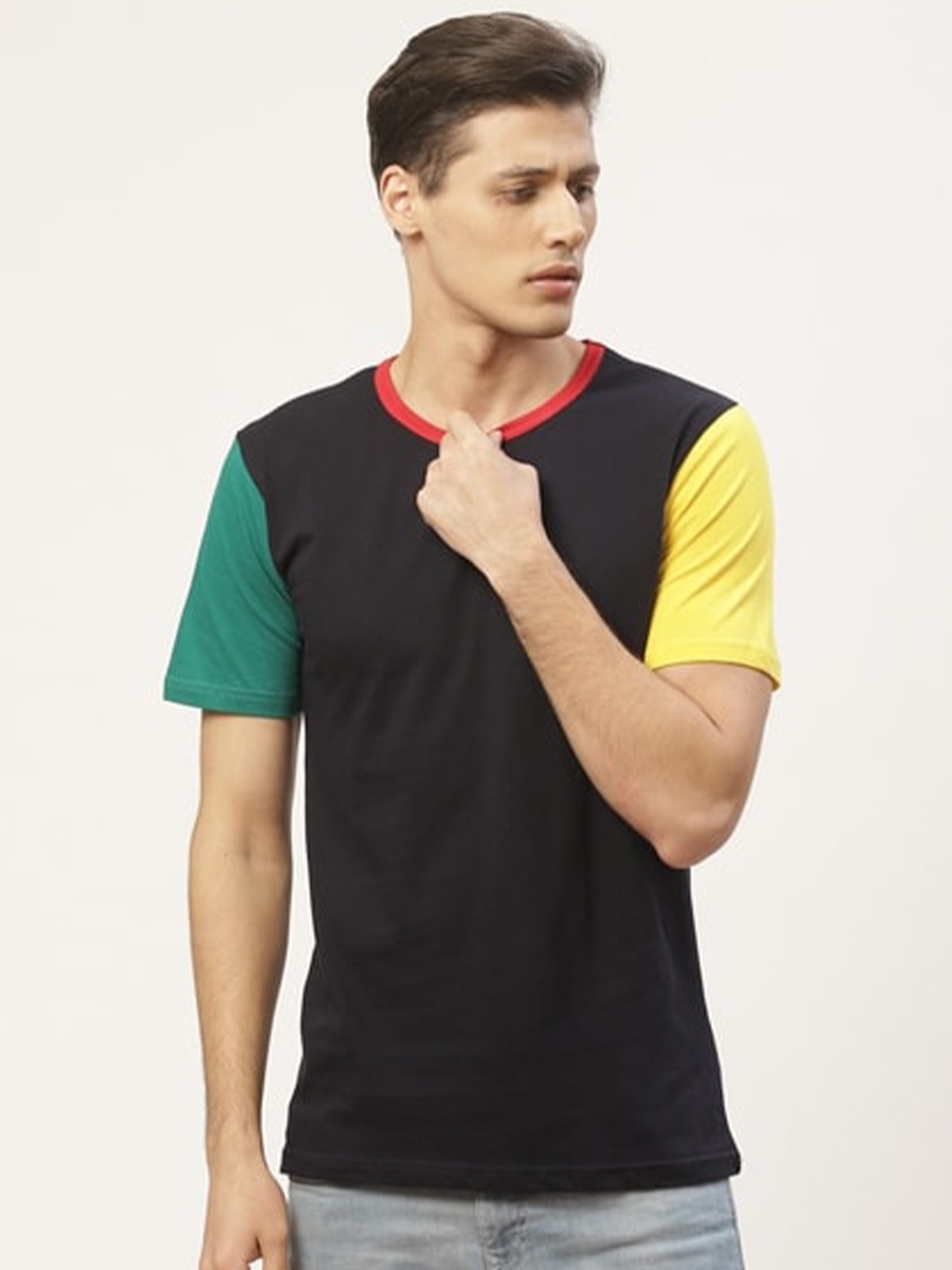 

PAUSE SPORT Colourblocked Round Neck Cotton T-shirt, Black