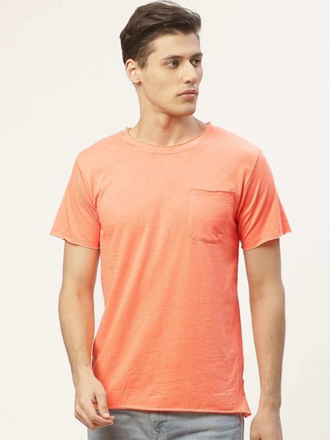 

PAUSE SPORT Round Neck Raw Edges Cotton T-shirt, Orange