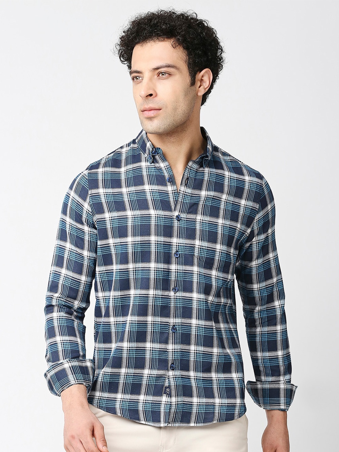 

Thomas Scott Tartan Checks Checked Classic Slim Fit Casual Shirt, Navy blue