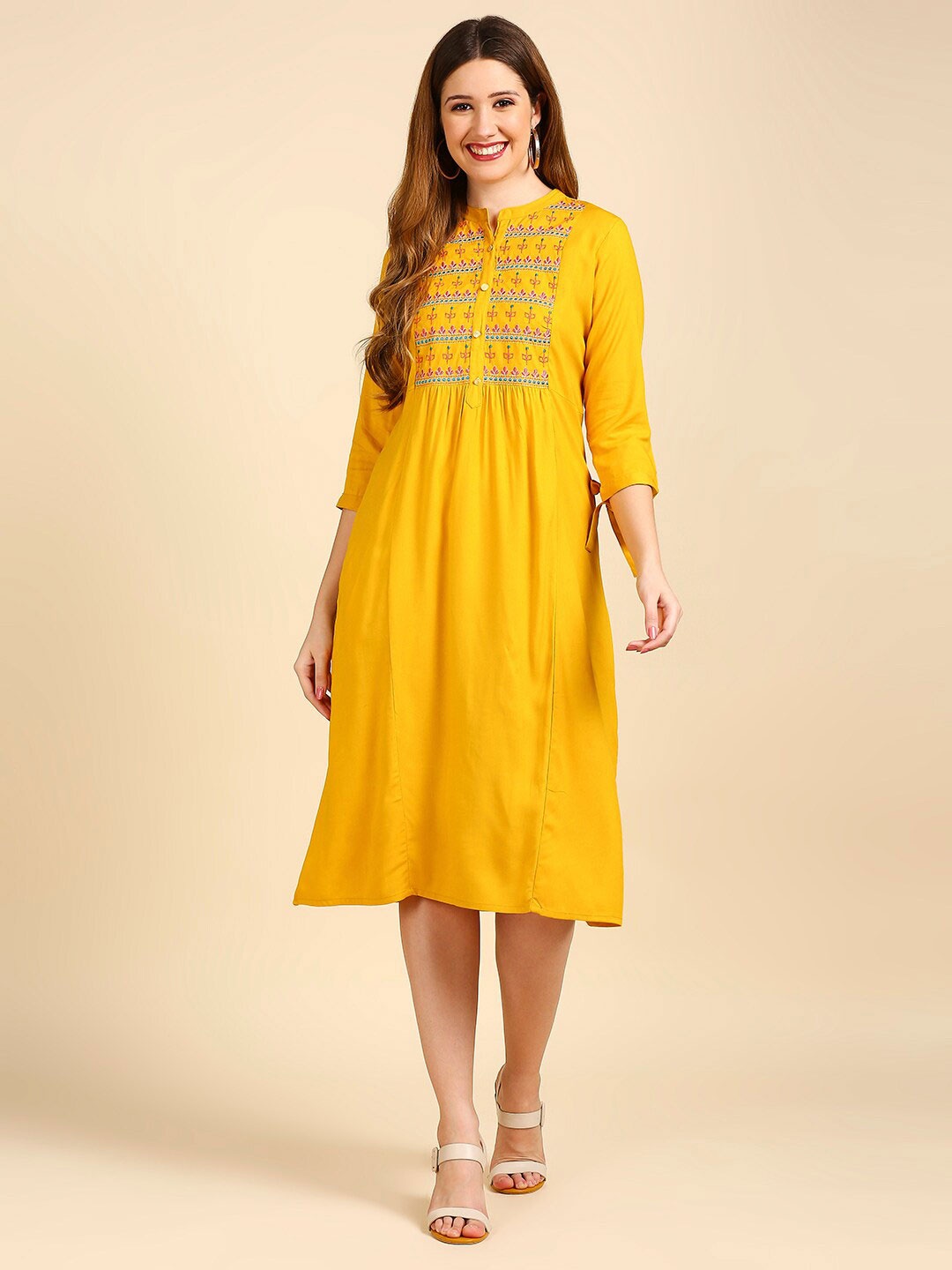 

Anubhutee Ethnic Motifs Embroidered Ethnic A-Line Maxi Ethnic Dress, Mustard