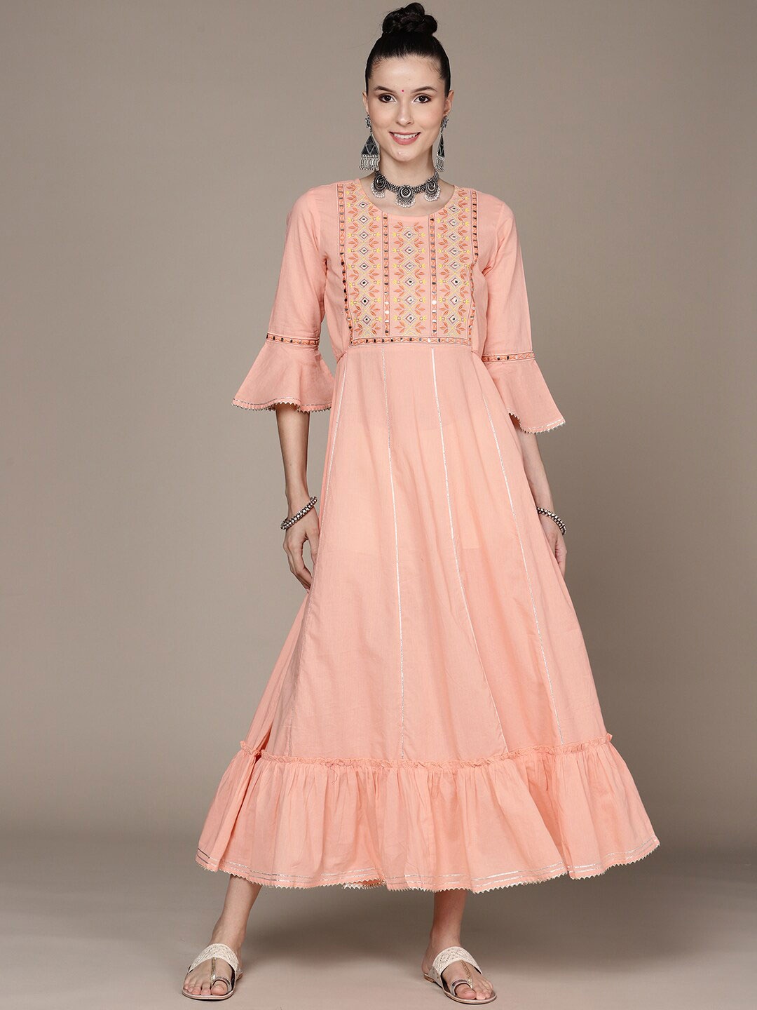 

Anubhutee Embroidered Pure Cotton A-Line Ethnic Dress, Peach