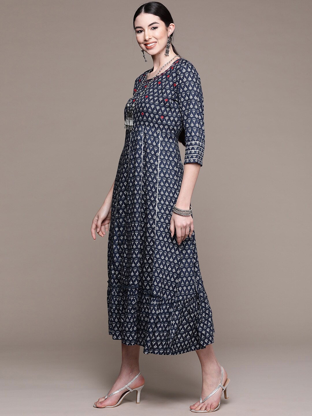 

Anubhutee Printed Ethnic A-Line Midi Ethnic Dress, Navy blue