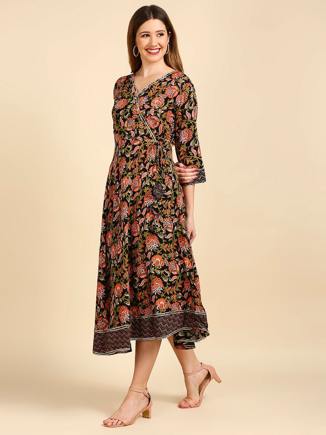

Anubhutee Floral Printed Wrap Midi Ethnic Dress, Black