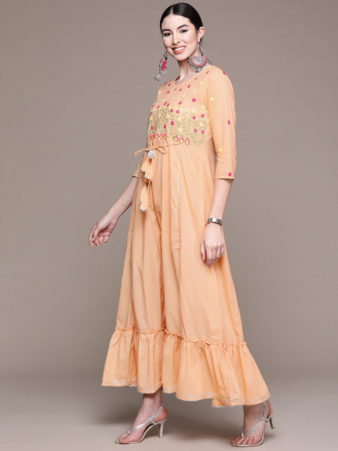 

Anubhutee Floral Embroidered Cotton A-Line Maxi Ethnic Dress, Peach