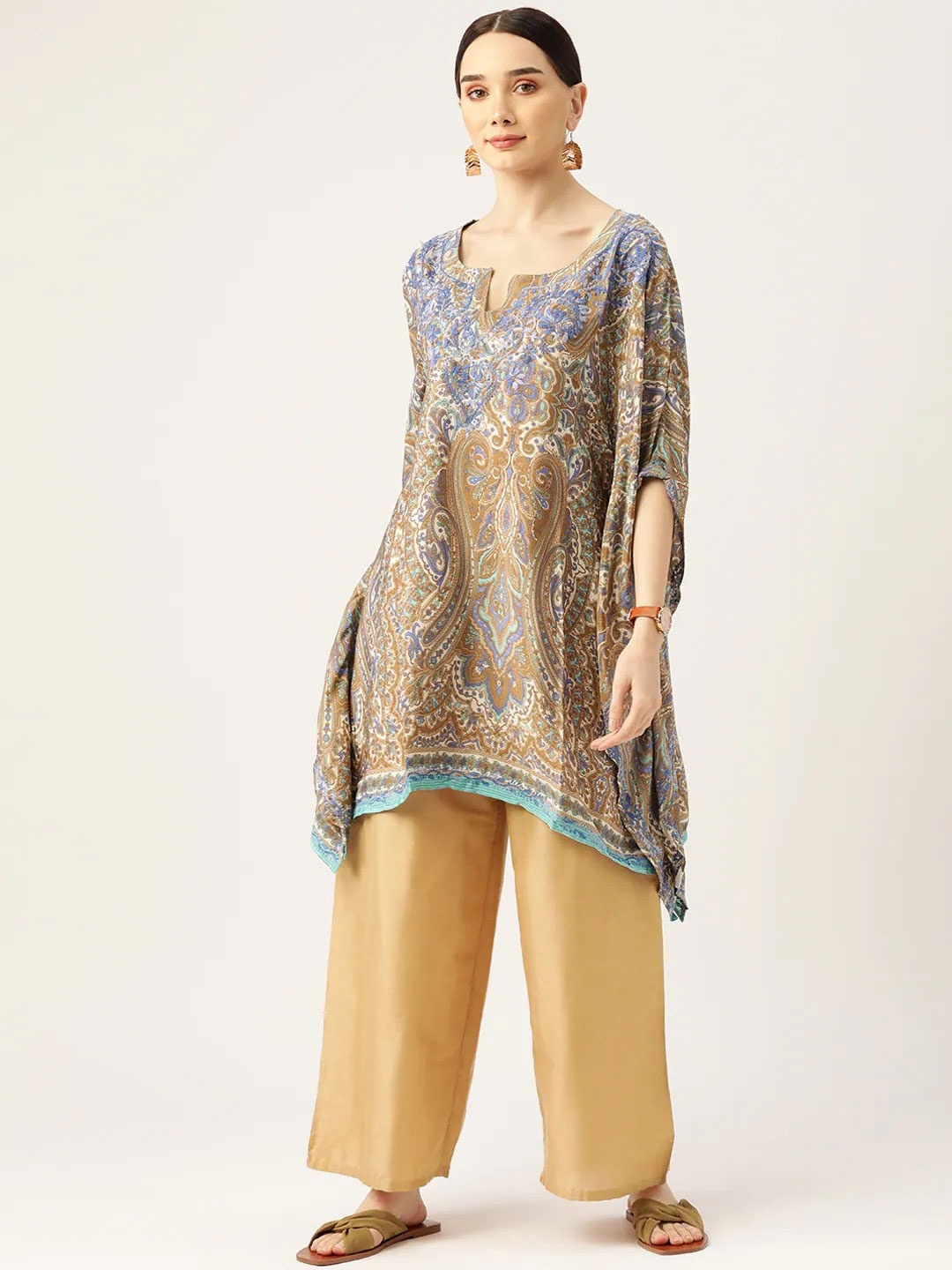 

HOUSE OF KARI Ethnic Motifs Embroidered V-Neck Flared Sleeves Kaftan Kurti, Brown