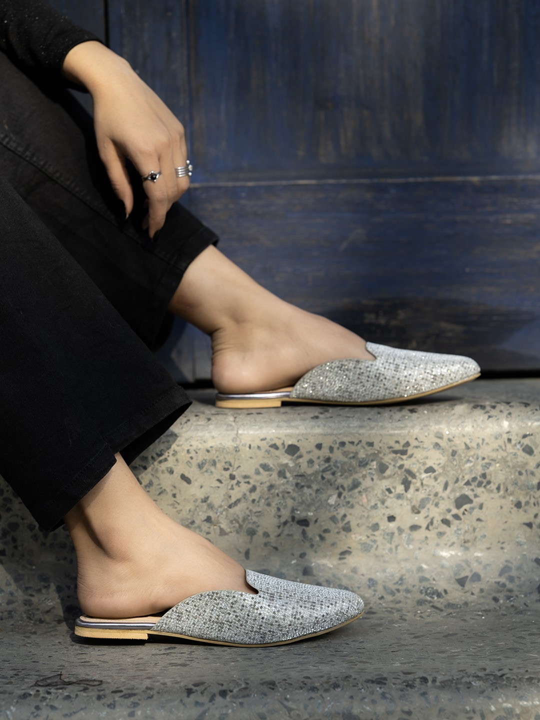 

Shoetopia Printed Pointed Toe Mules, Silver