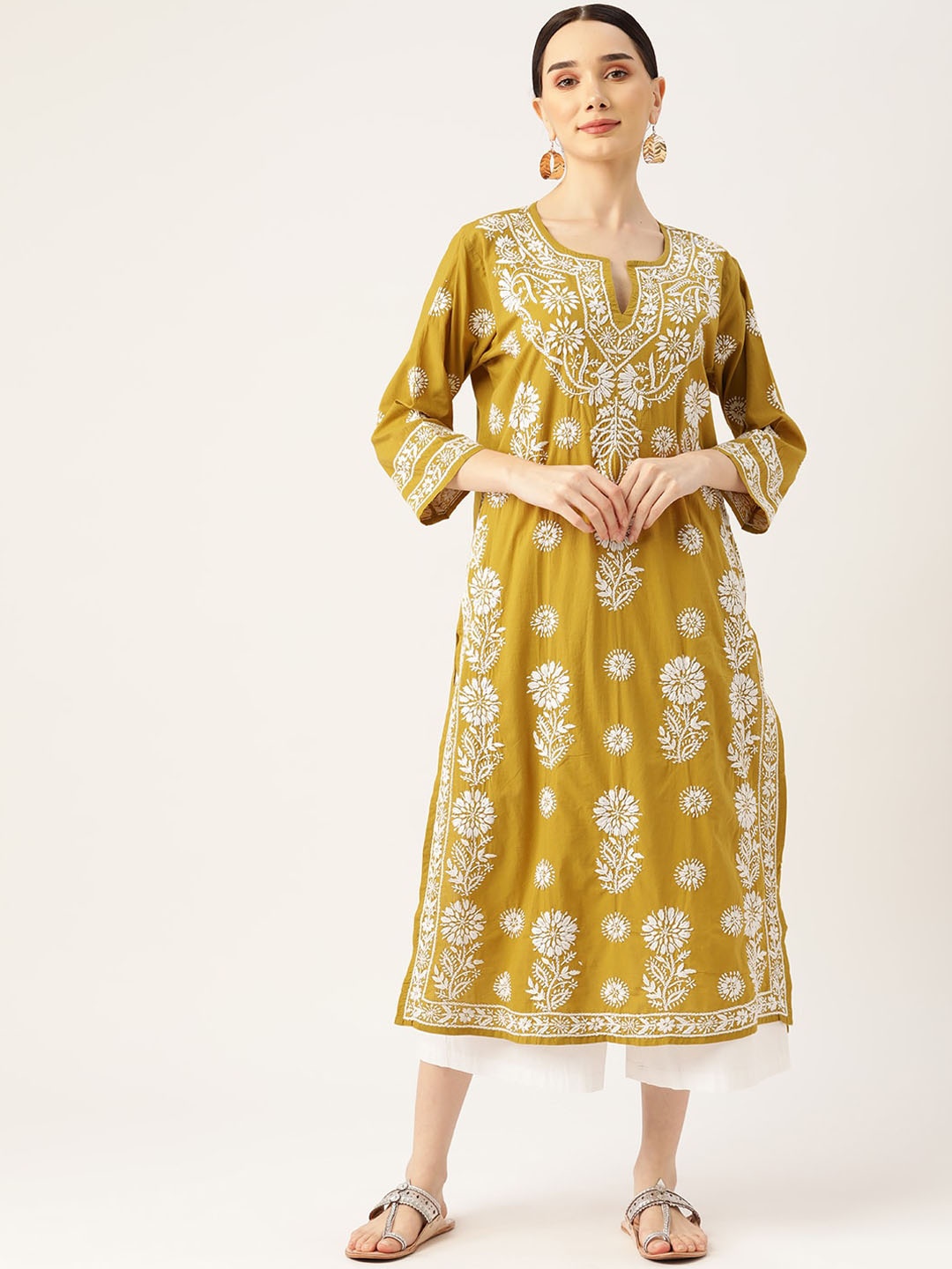 

HOUSE OF KARI Floral Embroidered Chikankari Cotton Kurta, Yellow