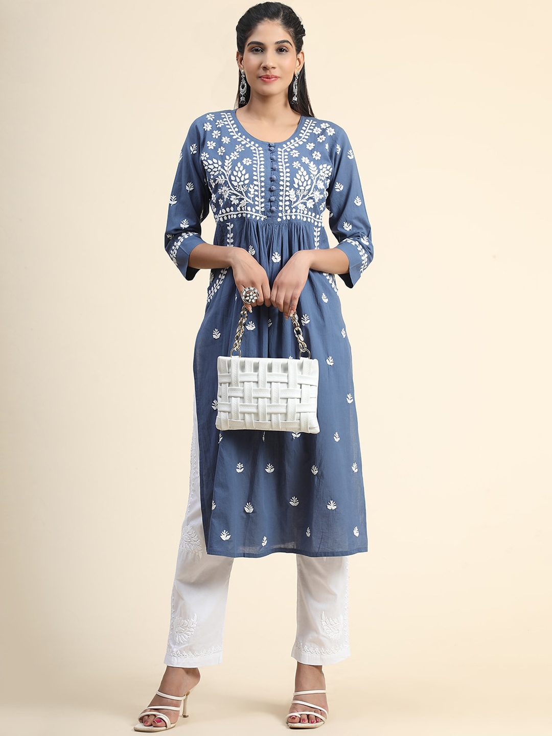 

HOUSE OF KARI Floral Embroidered Chikankari Cotton Kurta, Blue