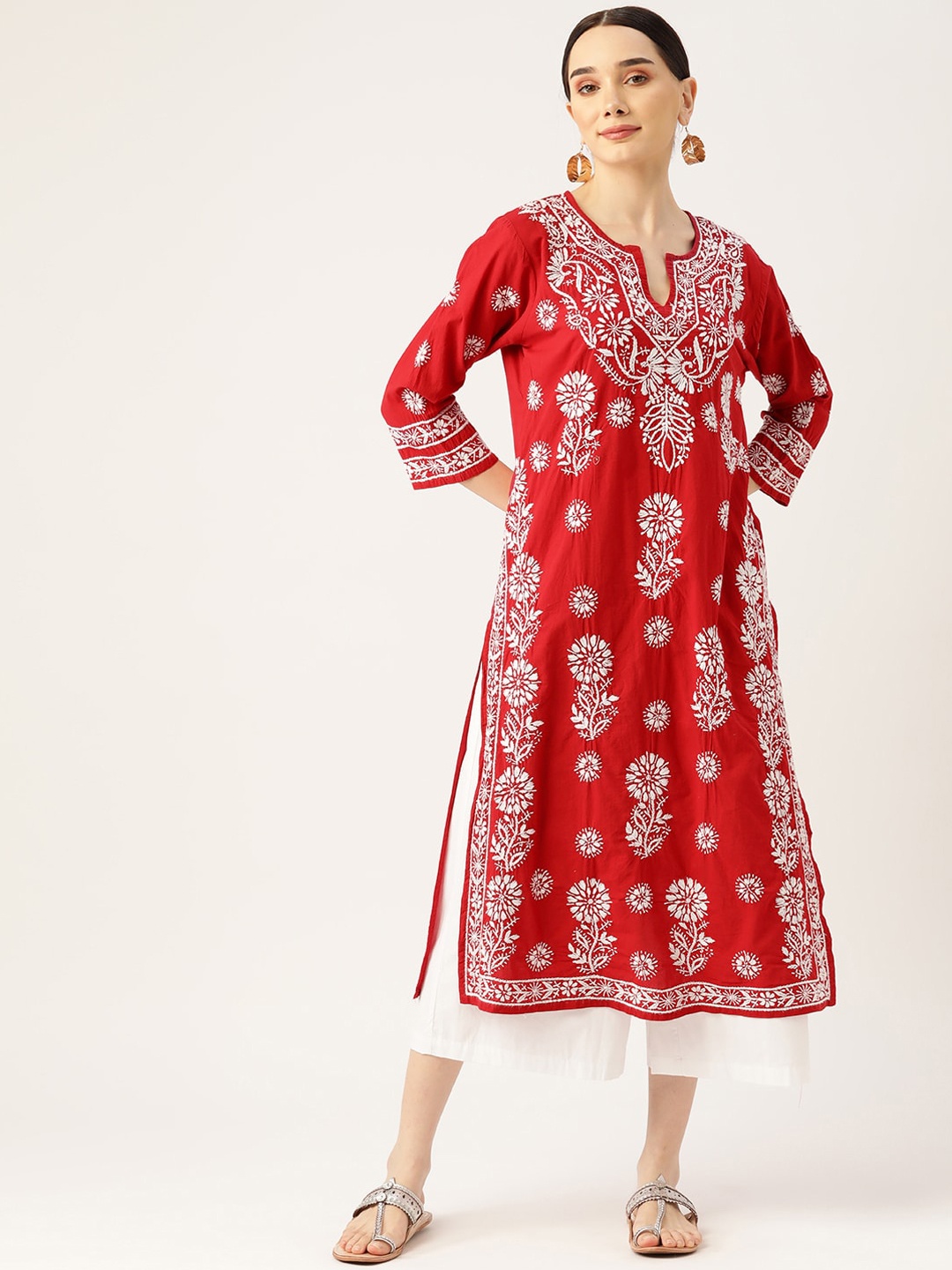 

HOUSE OF KARI Ethnic Motifs Embroidered Chikankari Cotton Kurta, Red