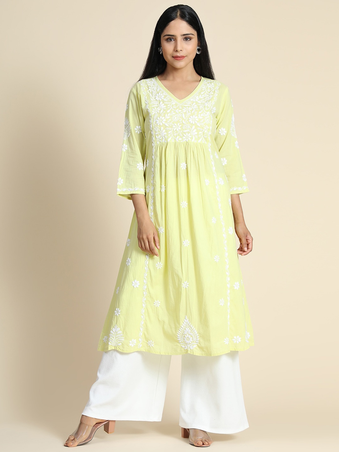 

HOUSE OF KARI Ethnic Motifs Embroidered Flared Sleeves Chikankari Anarkali Kurta, Yellow