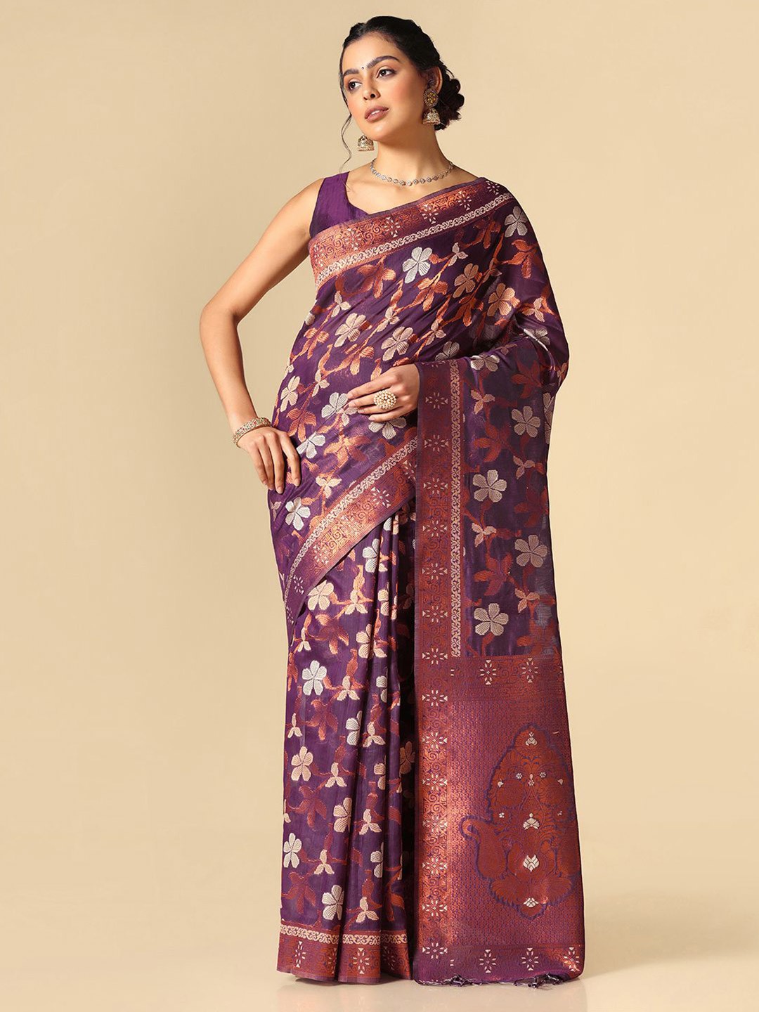 

Satrani Floral Woven Design Zari Banarasi Saree, Purple