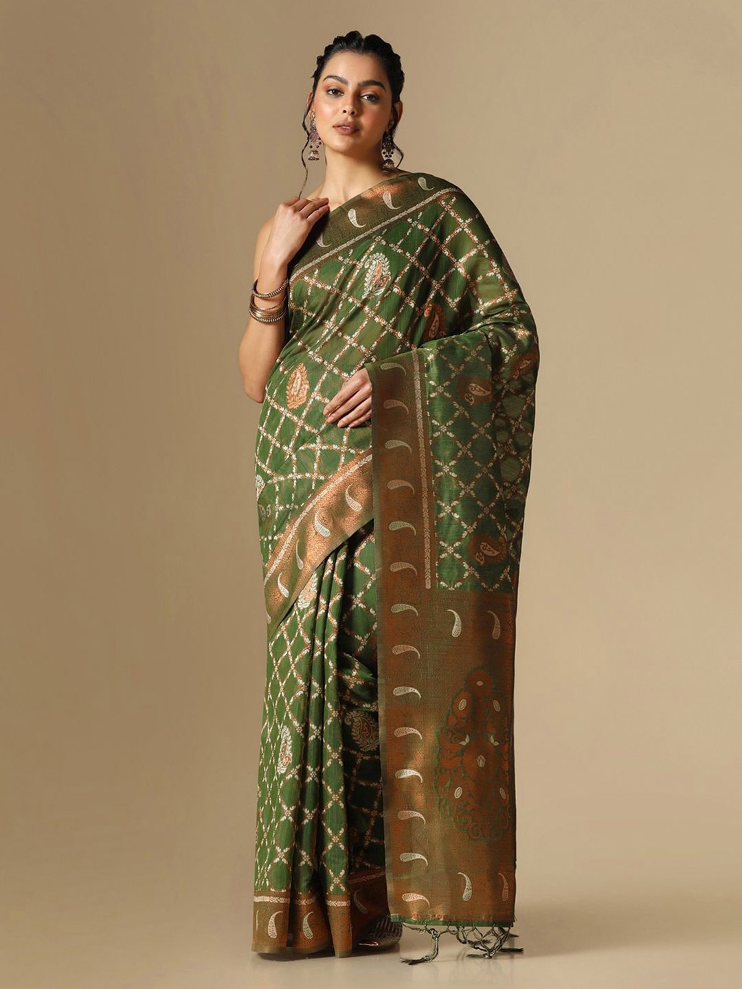 

Satrani Paisley Woven Design Zari Jacquard Banarasi Saree, Green