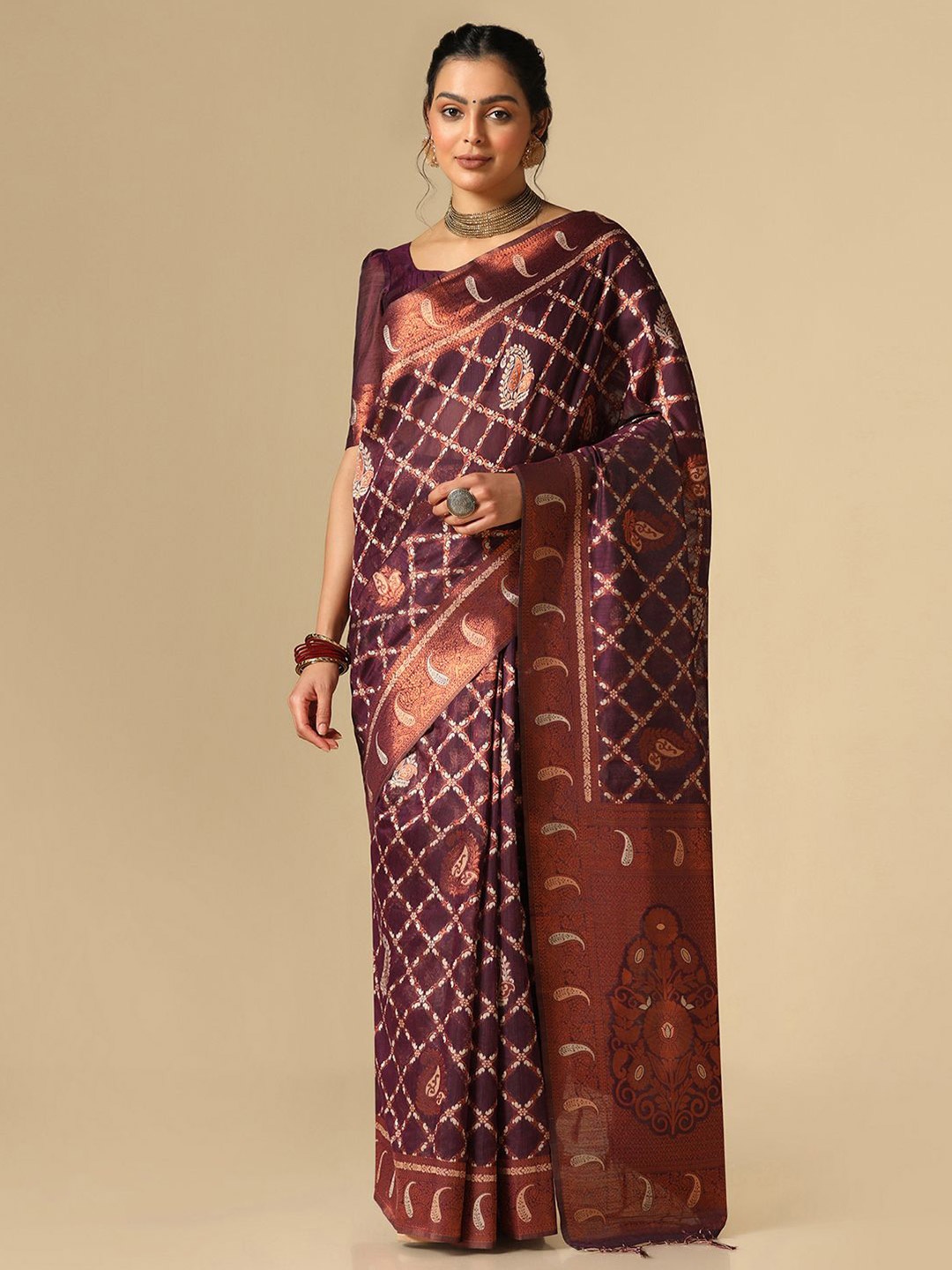 

Satrani Paisley Woven Design Zari Jacquard Banarasi Saree, Purple