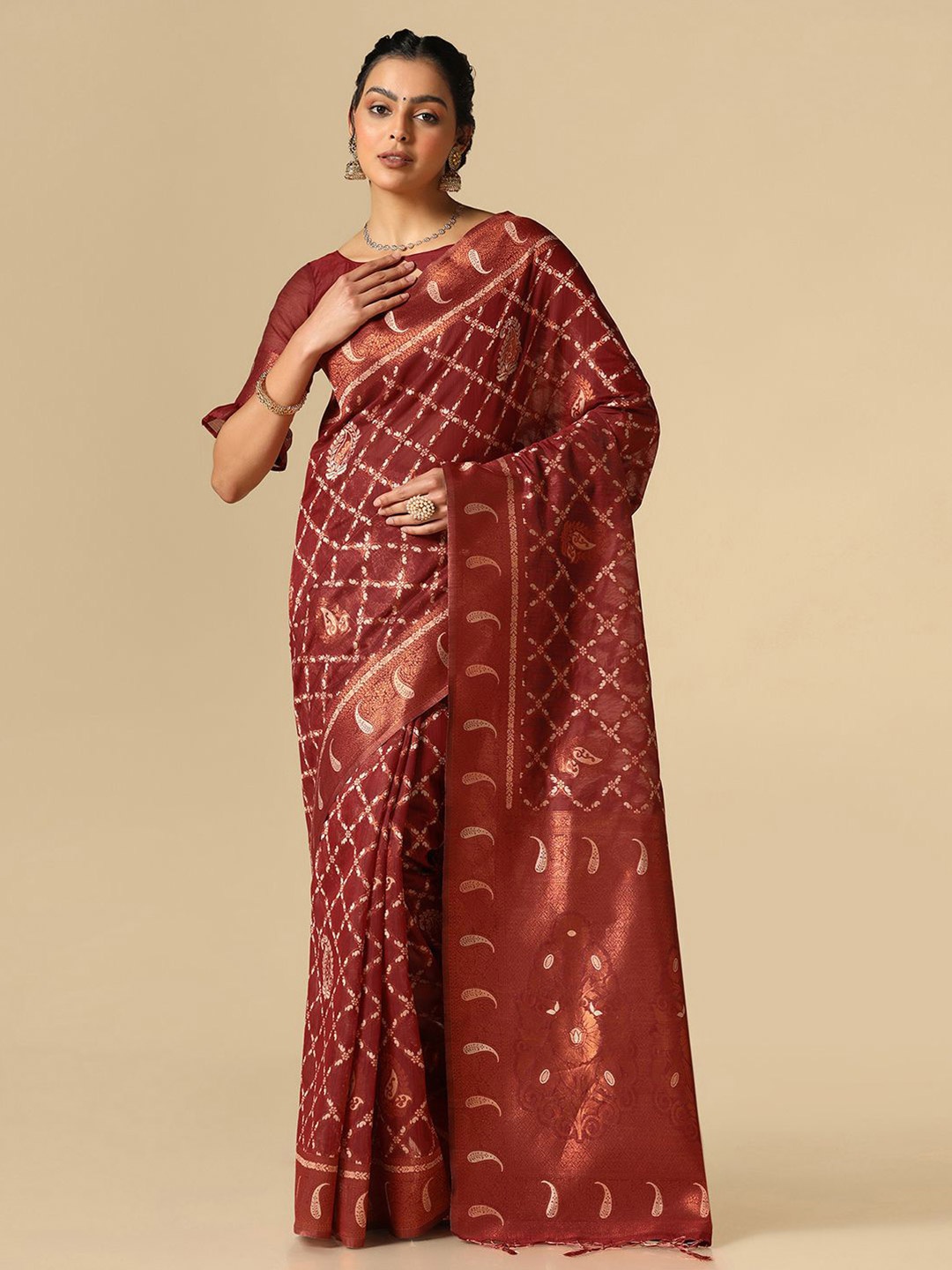 

Satrani Paisley Woven Design Zari Jacquard Banarasi Saree, Red