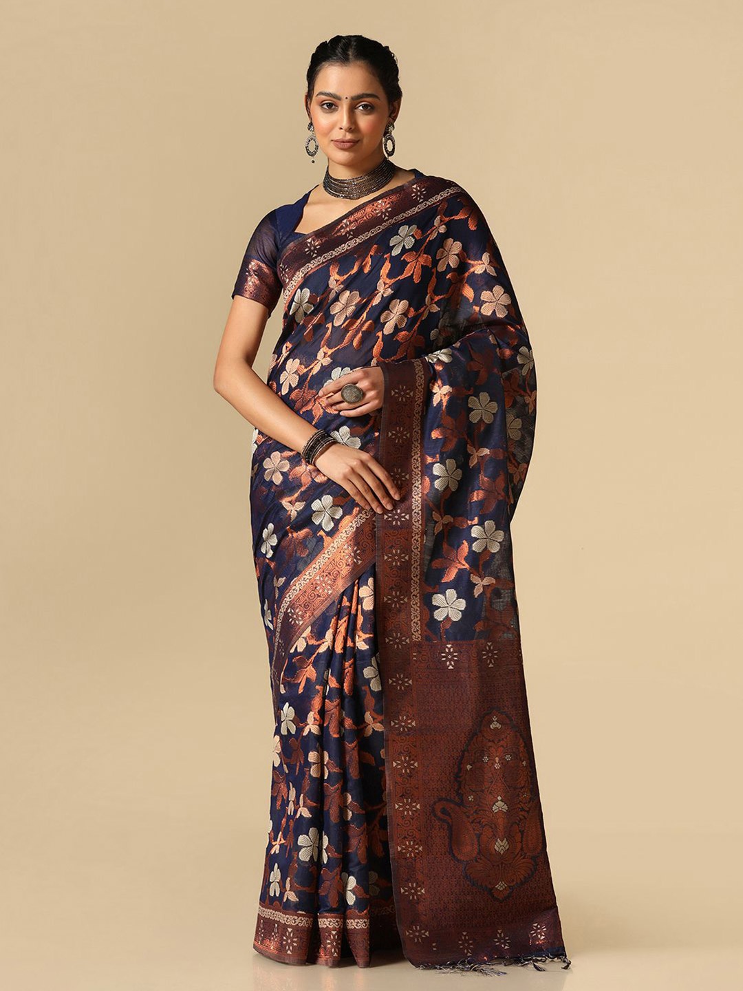 

Satrani Floral Woven Design Zari Jacquard Banarasi Saree, Blue