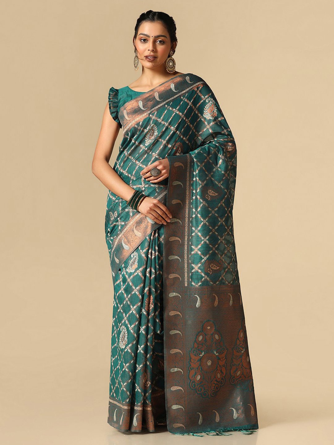 

Satrani Paisley Woven Design Zari Jacquard Banarasi Saree, Green