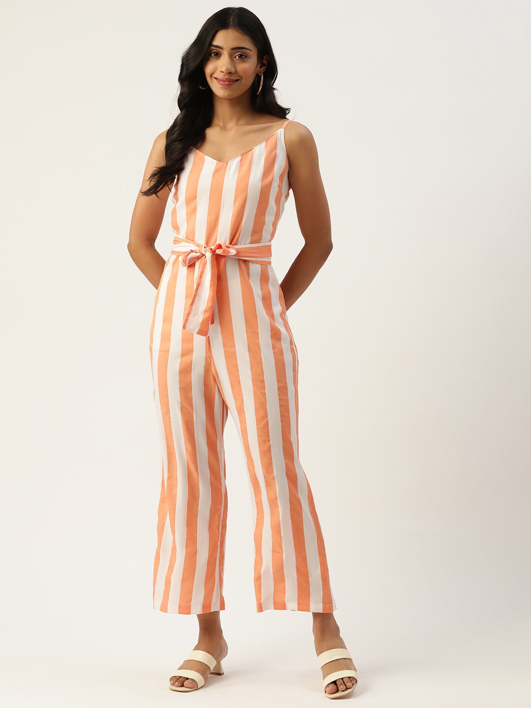 

Sleek Italia Striped Belted Basic Jumpsuit, Peach