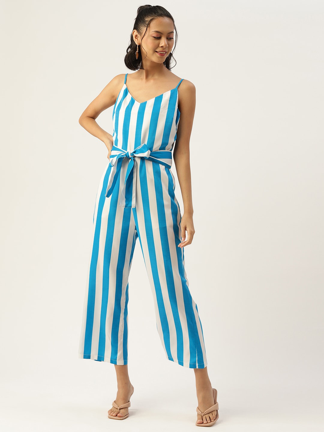 

Sleek Italia Striped Belted Basic Jumpsuit, Blue