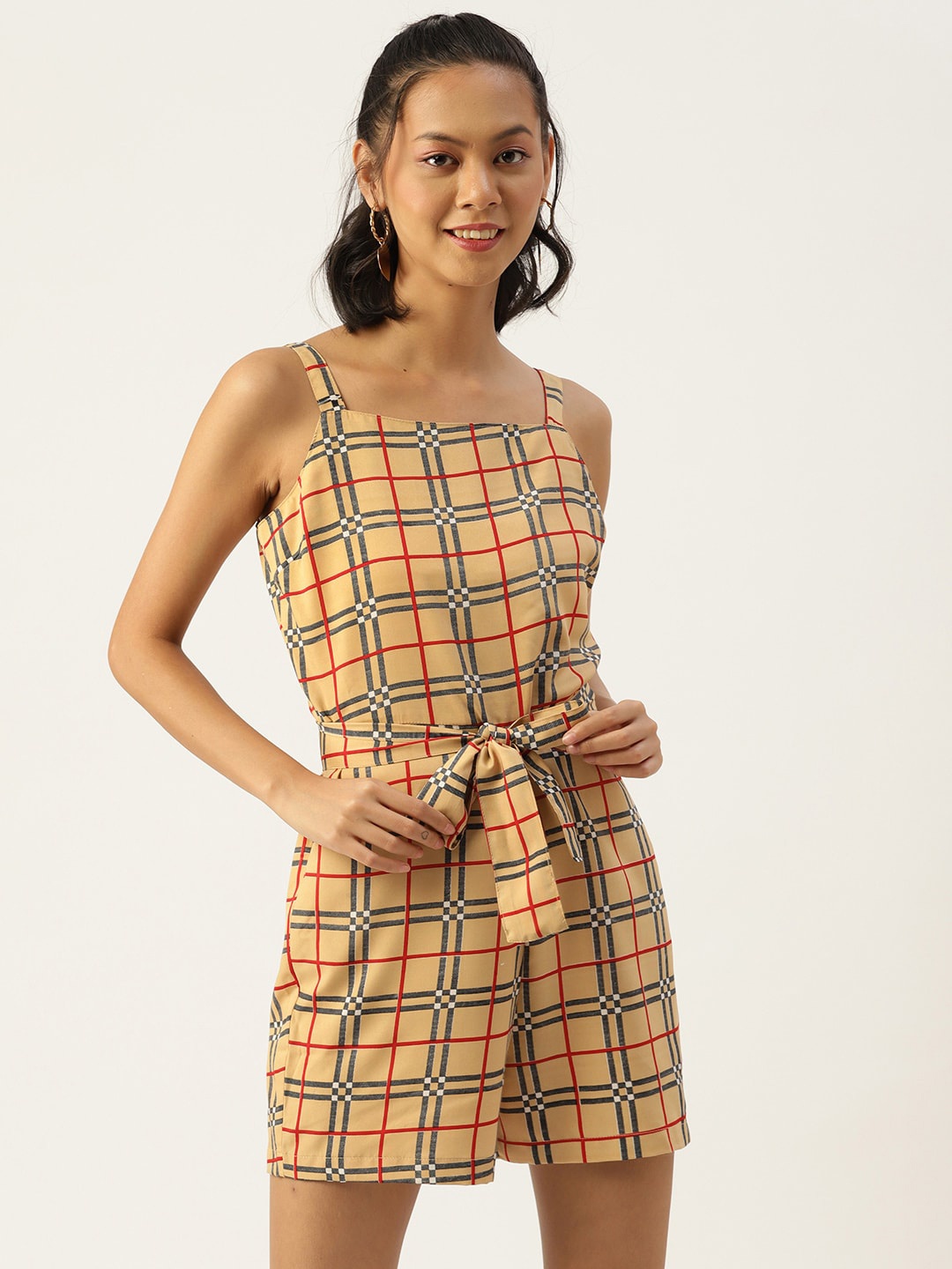 

Sleek Italia Checked Belted Playsuit, Beige