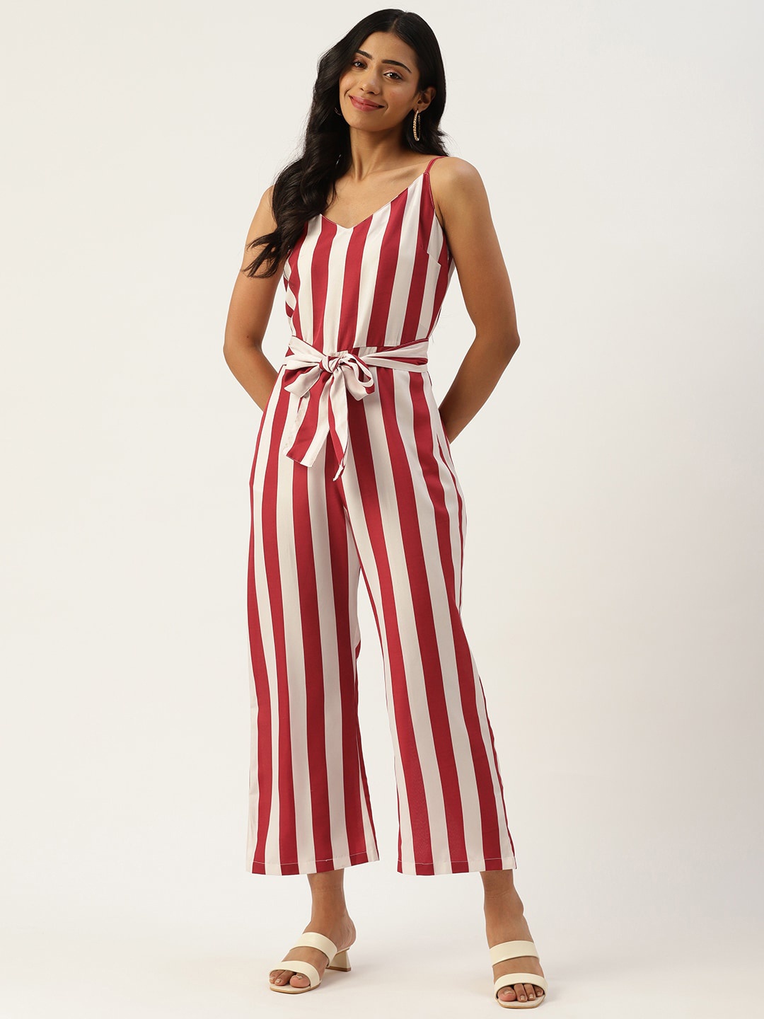 

Sleek Italia Striped Belted Basic Jumpsuit, Maroon