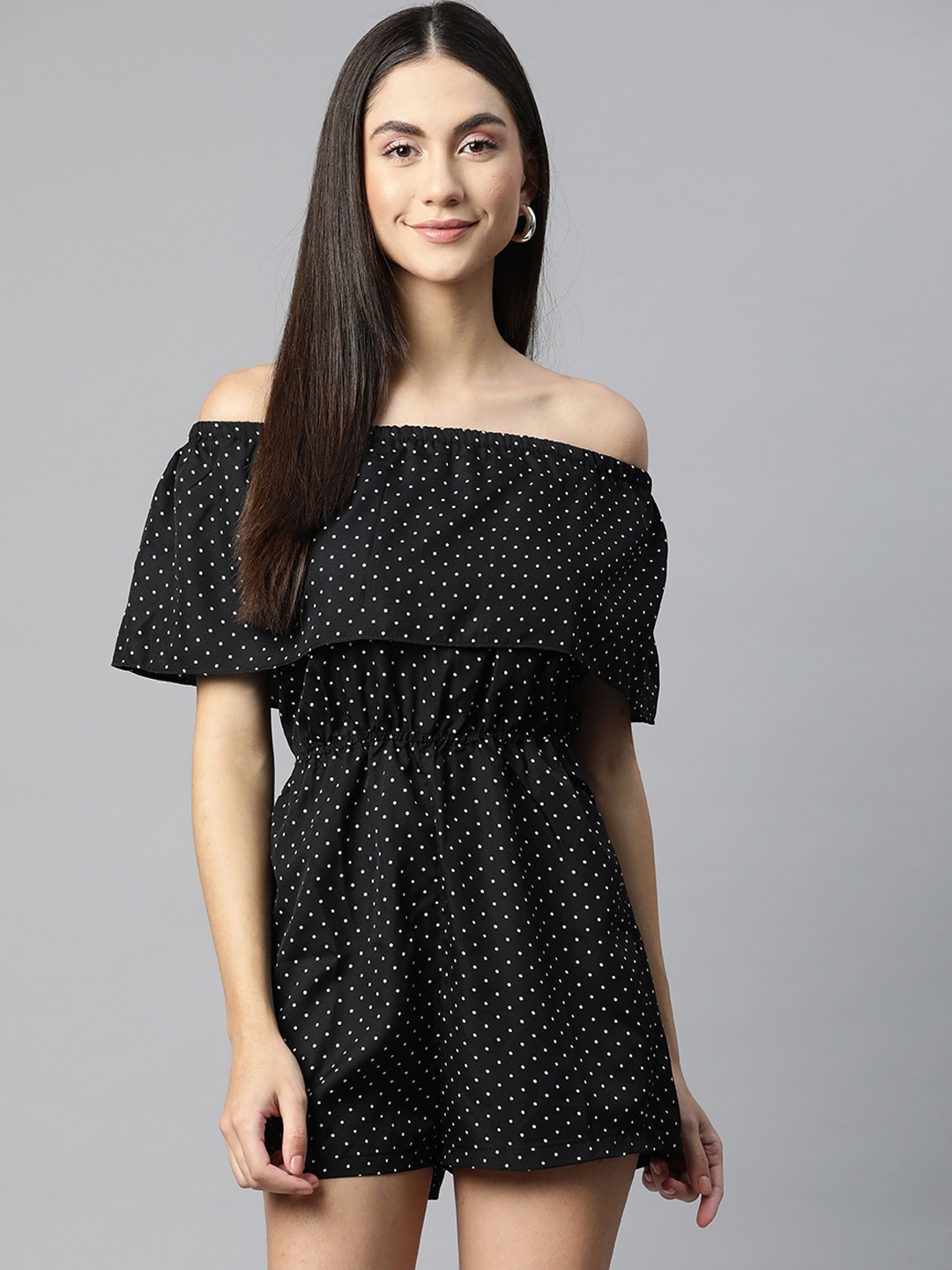 

Sleek Italia Polka Dot Printed Off-Shoulder Playsuit, Black