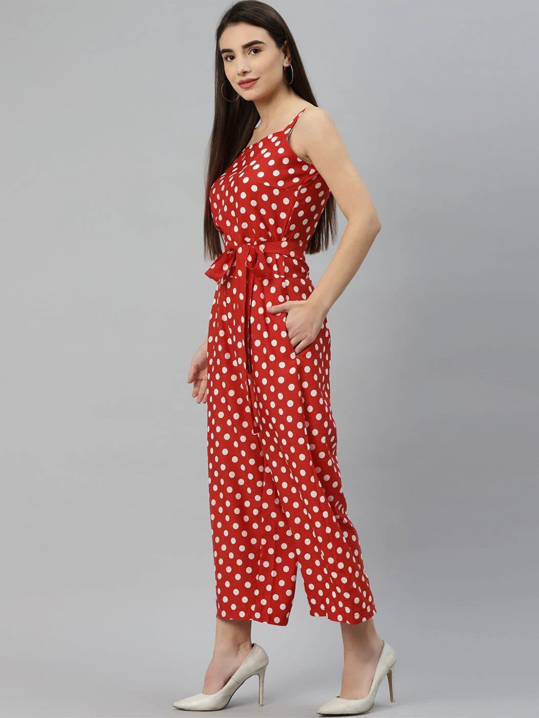 

Sleek Italia Printed Waist Tie-Ups Basic Jumpsuit, Red